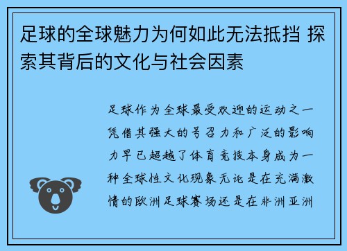 足球的全球魅力为何如此无法抵挡 探索其背后的文化与社会因素