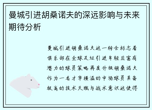 曼城引进胡桑诺夫的深远影响与未来期待分析