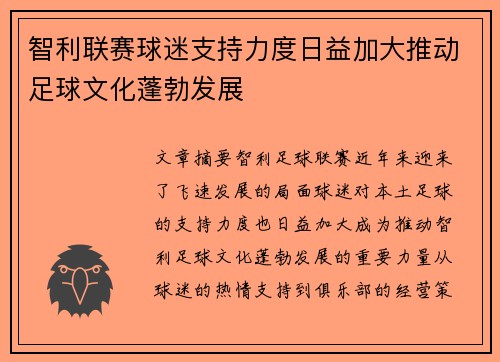 智利联赛球迷支持力度日益加大推动足球文化蓬勃发展