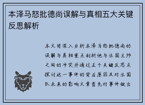 本泽马怒批德尚误解与真相五大关键反思解析