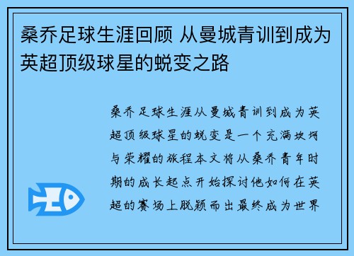 桑乔足球生涯回顾 从曼城青训到成为英超顶级球星的蜕变之路