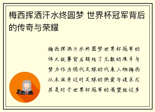 梅西挥洒汗水终圆梦 世界杯冠军背后的传奇与荣耀